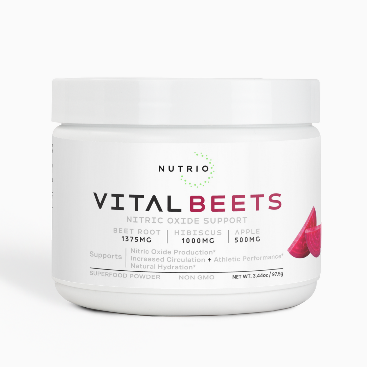 NUTRIO Vital Beets superfood powder tub, front label showing beet root, hibiscus and apple