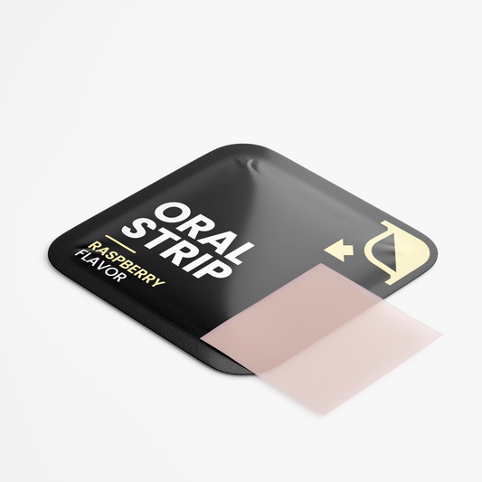 Single NUTRIO Bone Health oral strip in Raspberry flavor shown with its peel-open black pouch