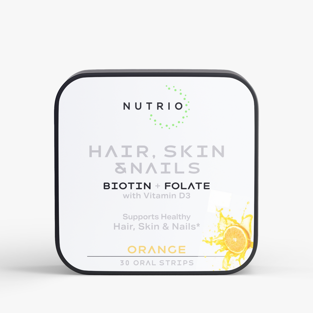 NUTRIO Hair, Skin & Nails Biotin + Folate with Vitamin D3 oral strips tin, front label in Orange flavor, 30 strips