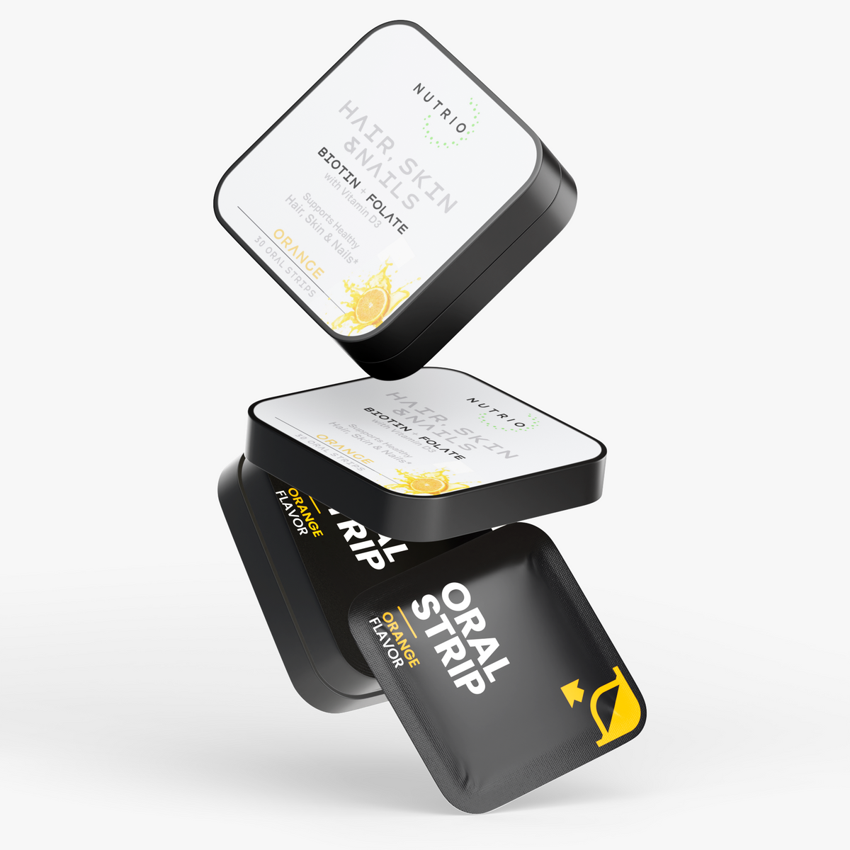 NUTRIO Hair, Skin & Nails tins and a Orange oral strip pouch stacked in mid-air on a light background