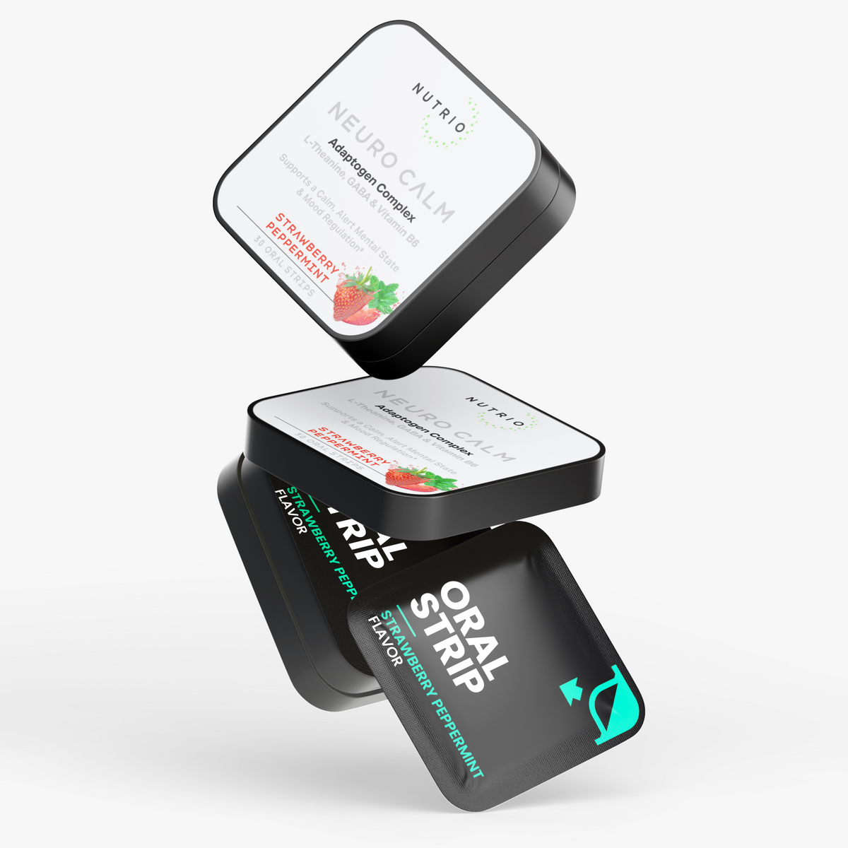 NUTRIO Neuro Calm tins and a Strawberry Peppermint oral strip pouch stacked in mid-air on a light background