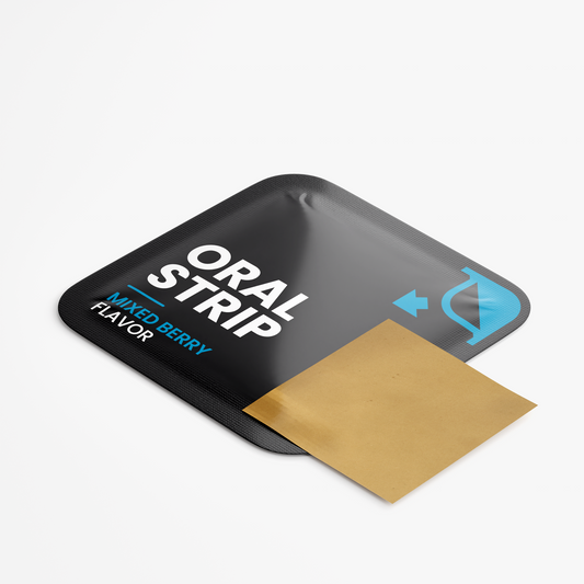 Single NUTRIO ProGest oral strip in Mixed Berry flavor shown with its peel-open black pouch