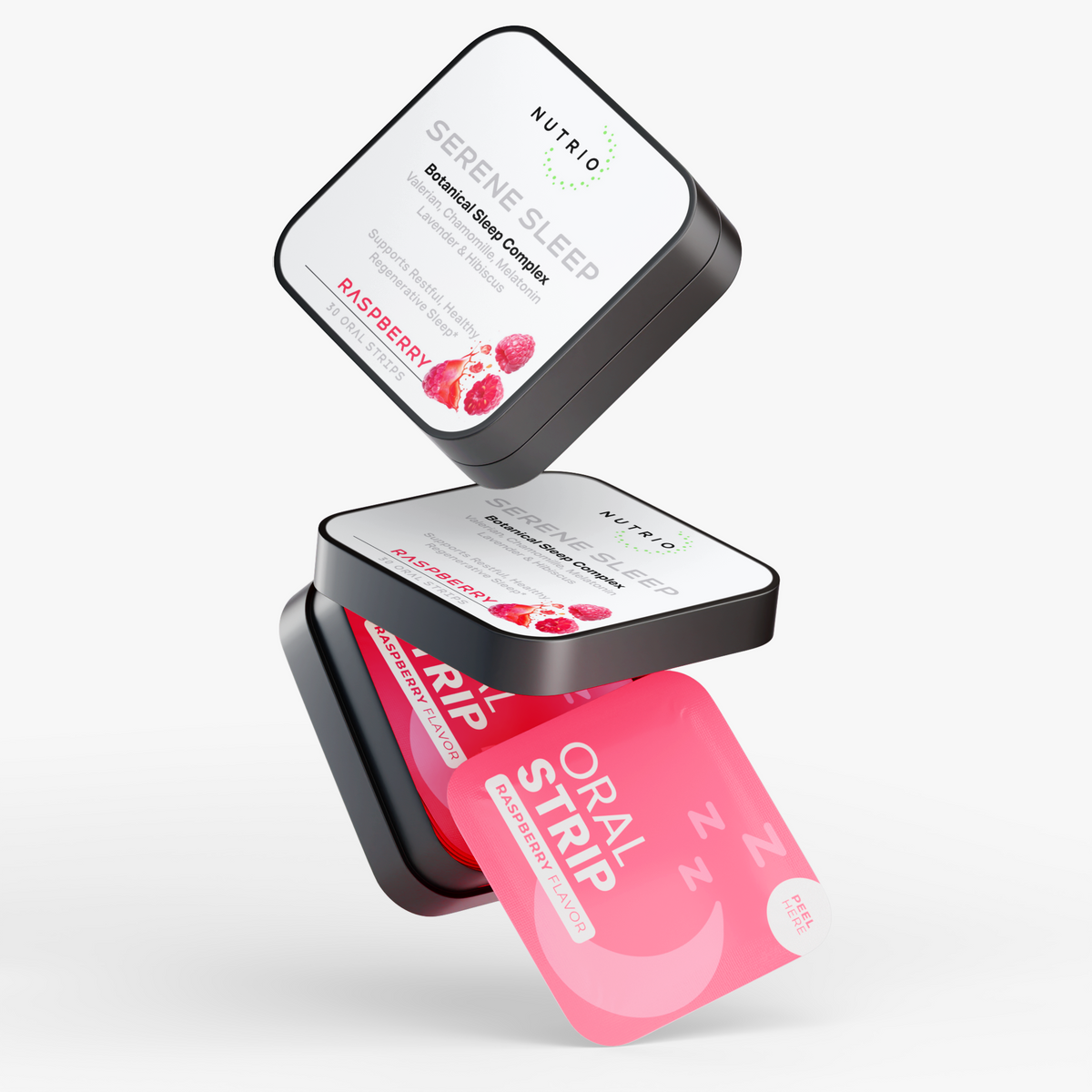 NUTRIO Serene Sleep tins and a Raspberry oral strip pouch stacked in mid-air on a light background