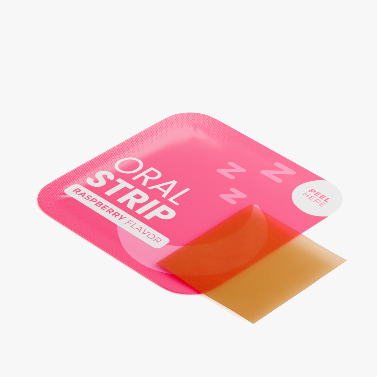 Single NUTRIO Serene Sleep oral strip in Raspberry flavor shown with its peel-open pink pouch