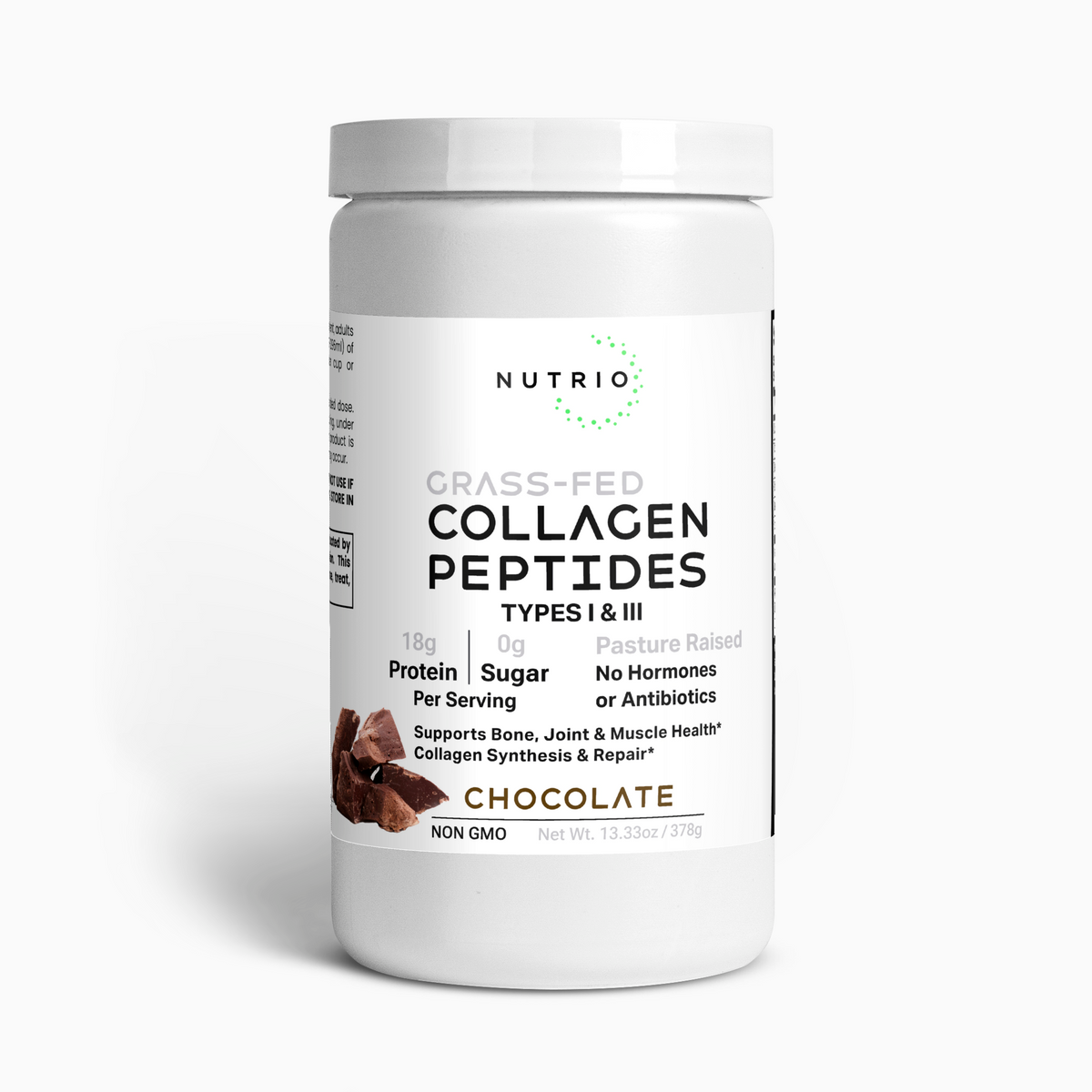 NUTRIO Grass-Fed Collagen Peptides Chocolate canister, front label, Types I & III