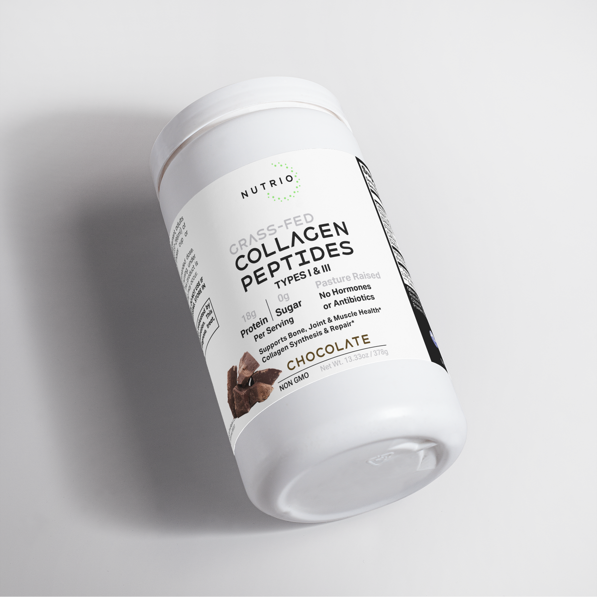 NUTRIO Chocolate Collagen Peptides canister lying on its side, angled label view