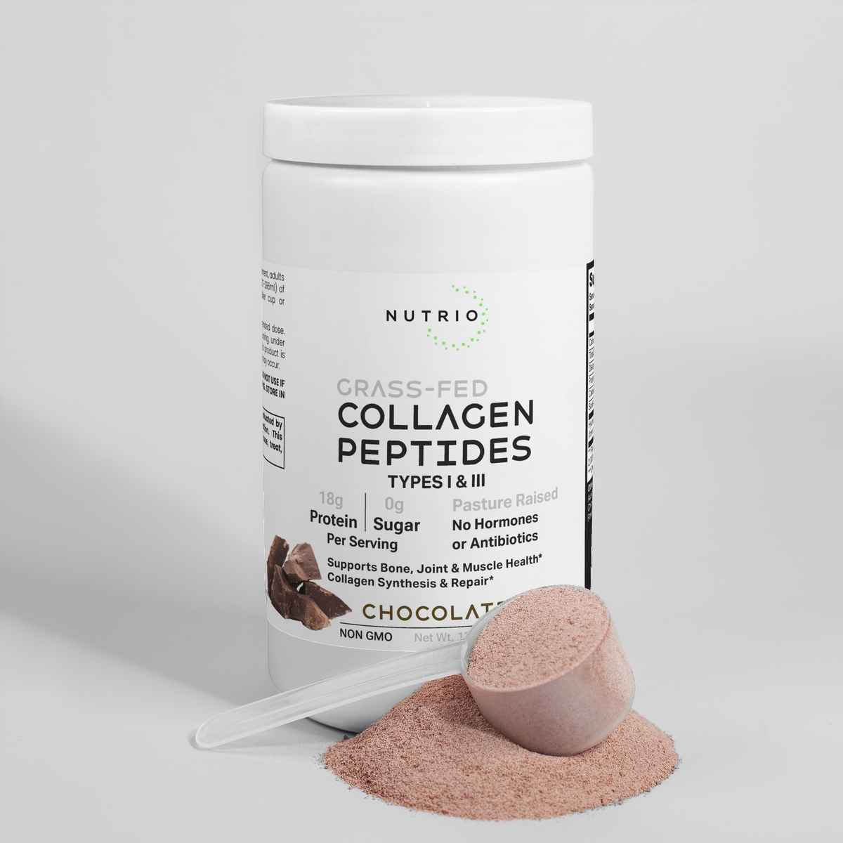 NUTRIO Grass-Fed Collagen Peptides Chocolate canister with a scoop of cocoa-colored powder