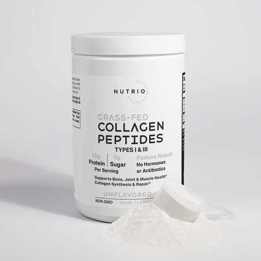 NUTRIO Grass-Fed Collagen Peptides Unflavored canister with a scoop and white powder