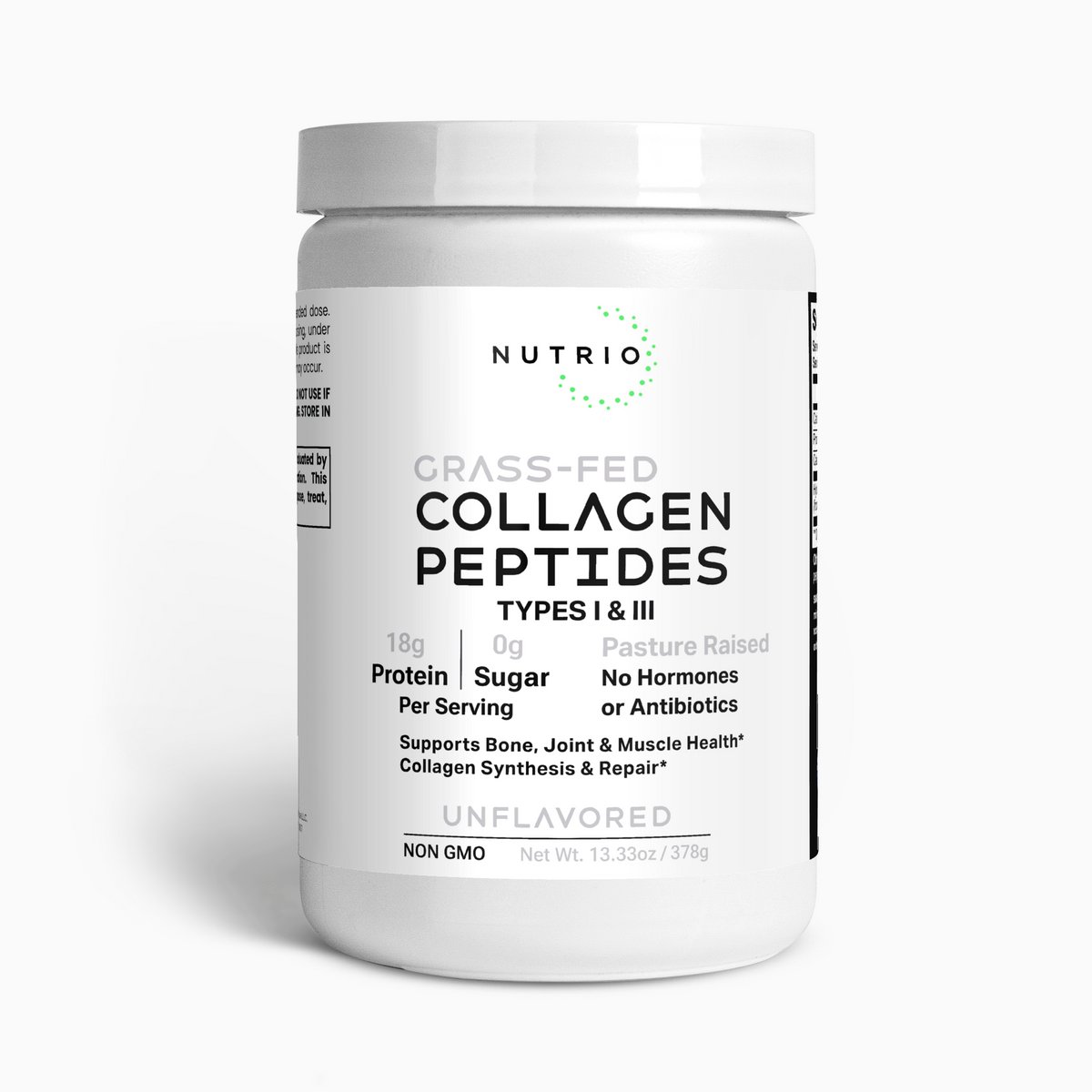 NUTRIO Grass-Fed Collagen Peptides Unflavored canister, front label, Types I & III