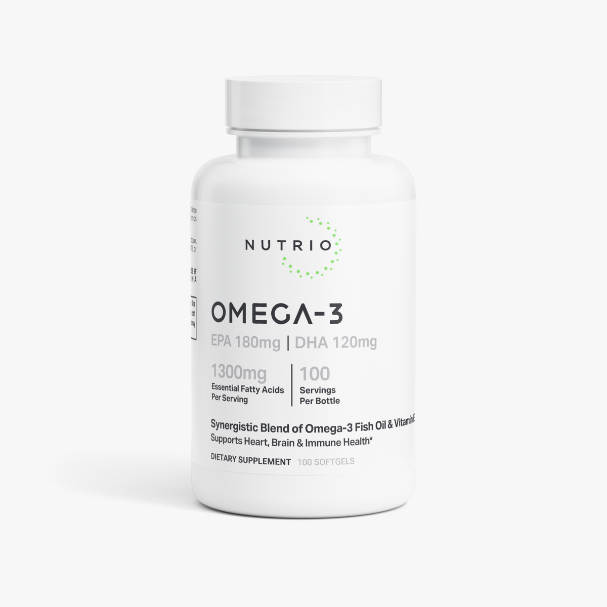 NUTRIO Omega-3 Fish Oil EPA + DHA white bottle, front label, 100 softgels