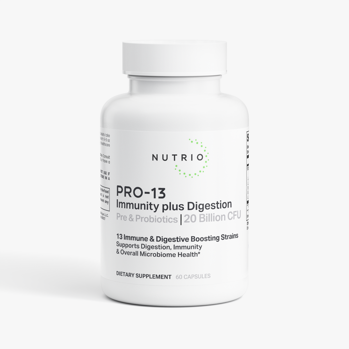 NUTRIO PRO-13 Pre & Probiotics 20 Billion CFU capsule bottle, front label