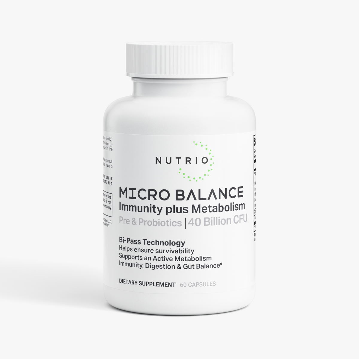 NUTRIO Micro Balance Pre & Probiotics 40 Billion CFU capsule bottle, front label