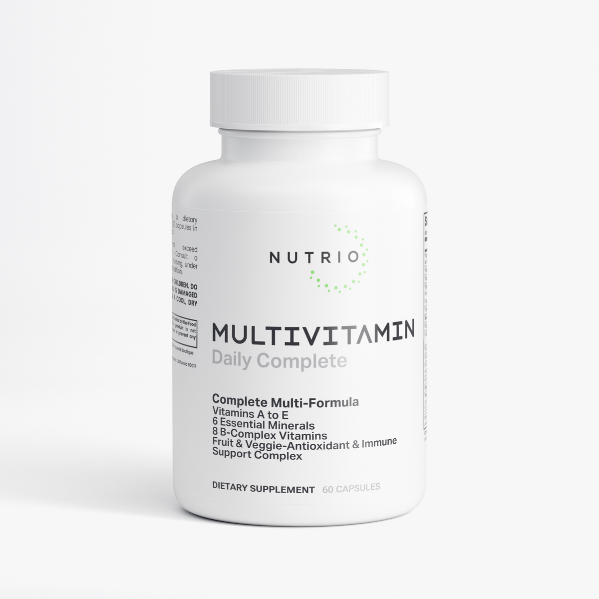 NUTRIO Daily Complete Multivitamin capsule bottle, front label with multi-formula details