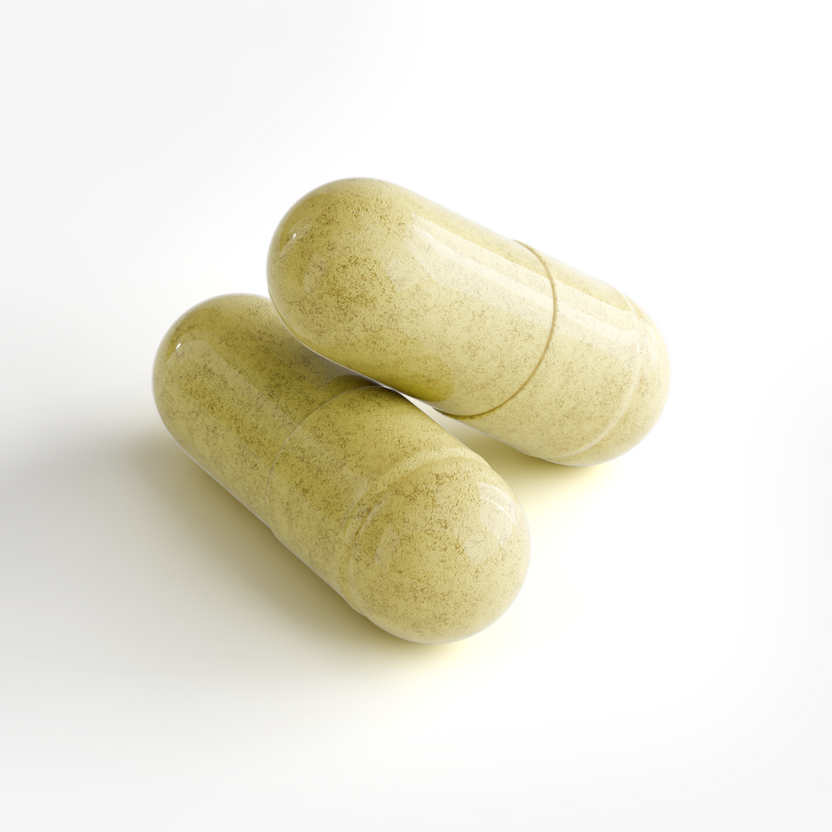 Close-up of two green-tan NUTRIO NAD+ capsules with visible powder fill