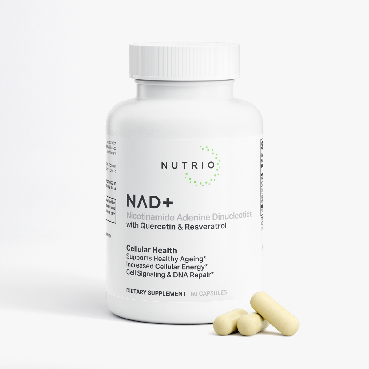 NUTRIO NAD+ bottle with a few beige capsules resting beside it