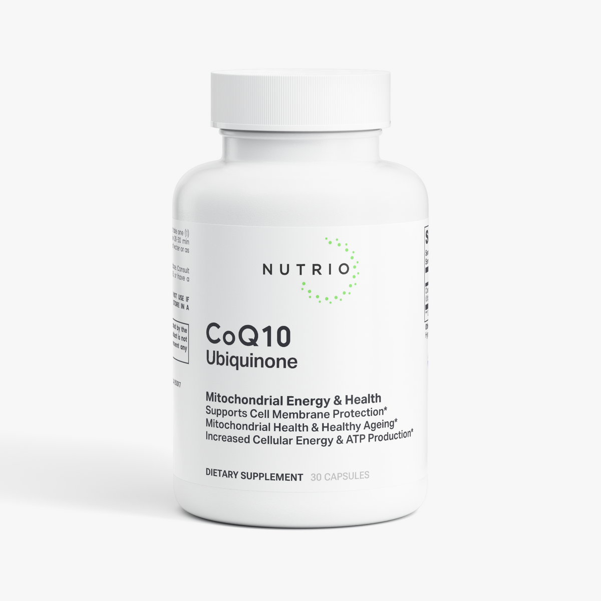 NUTRIO CoQ10 Ubiquinone 30-capsule bottle, front label on a light background