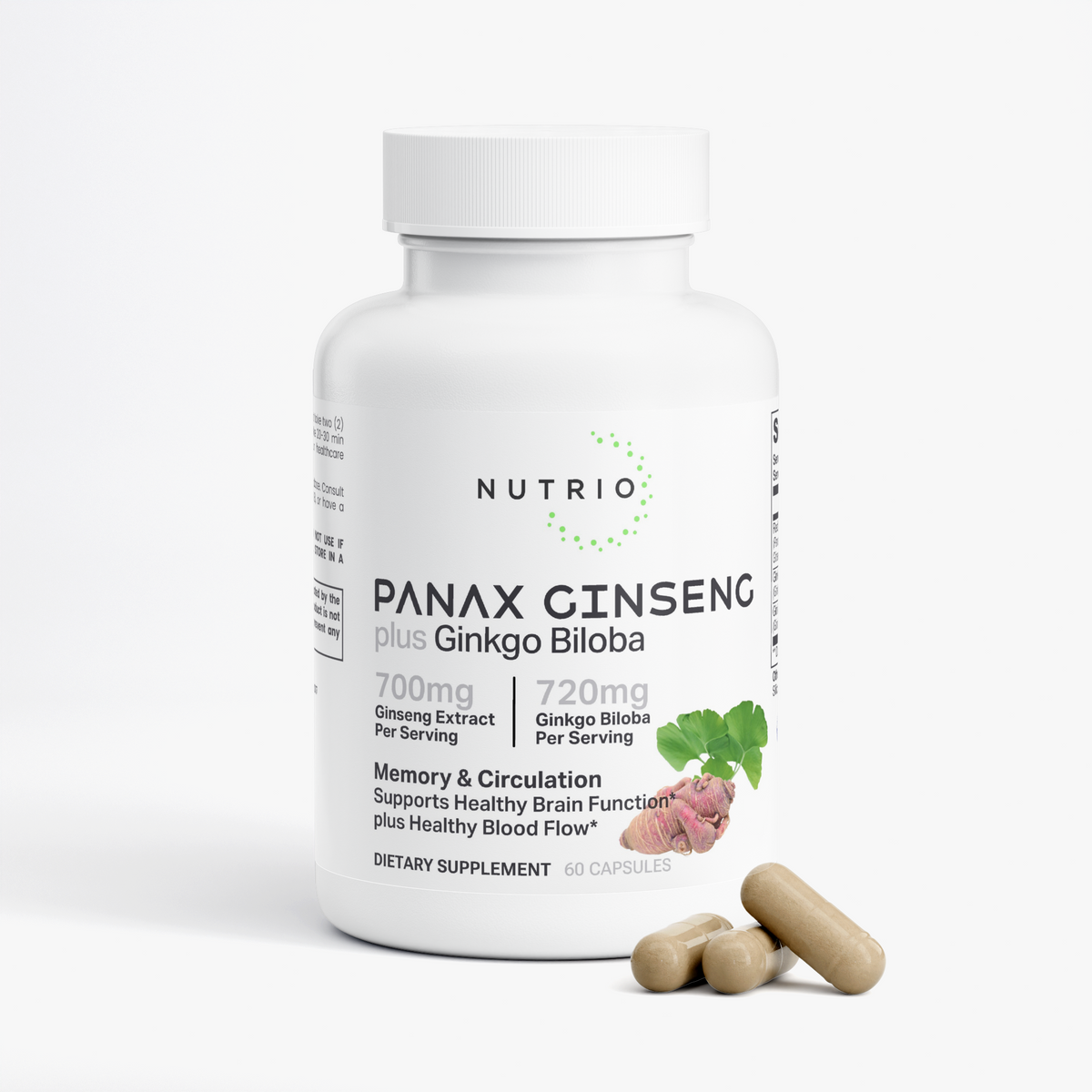 NUTRIO Panax Ginseng plus Ginkgo Biloba bottle with brown capsules resting in front