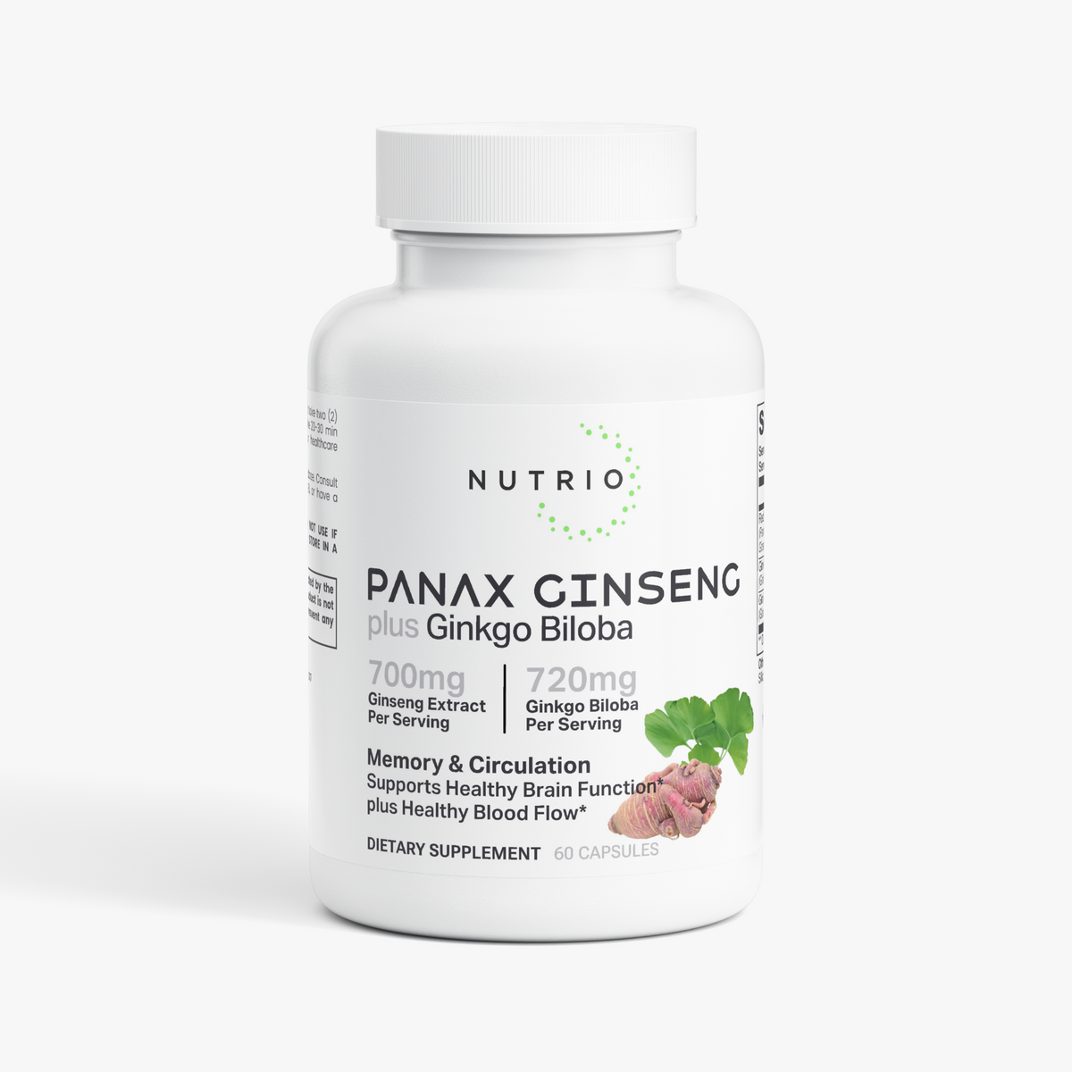 NUTRIO Panax Ginseng plus Ginkgo Biloba 60-capsule bottle, front label showing 700 mg ginseng extract and 720 mg ginkgo biloba per serving