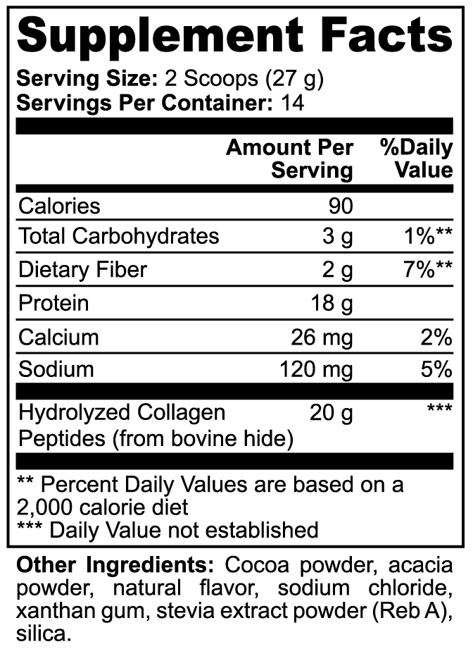 NUTRIO Grass-Fed Collagen Peptides Chocolate supplement facts panel and other ingredients