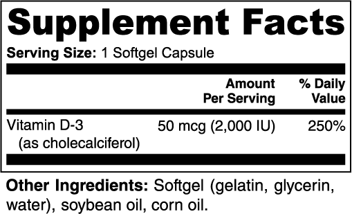 NUTRIO Vitamin D3 supplement facts panel showing 50 mcg (2,000 IU) per softgel