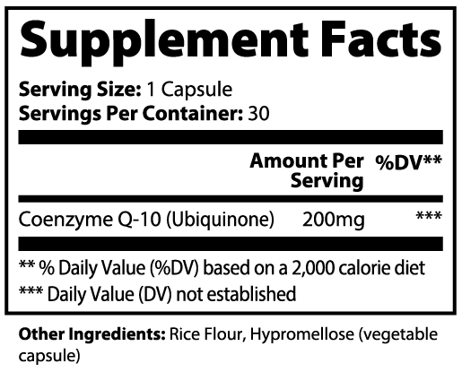 NUTRIO CoQ10 Ubiquinone supplement facts panel, 200 mg Coenzyme Q-10 per 1-capsule serving