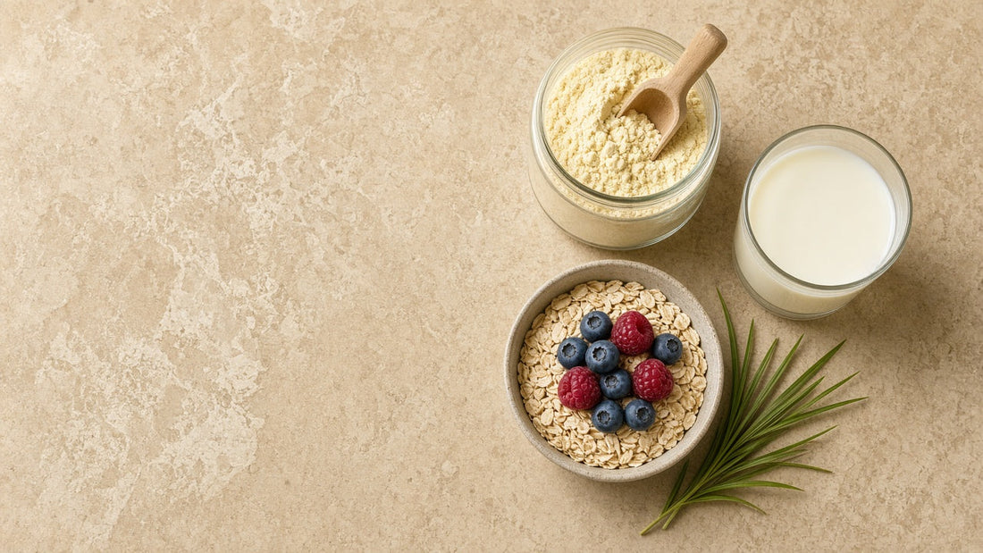 Jar of colostrum powder with wooden scoop, glass of milk, oats and berries