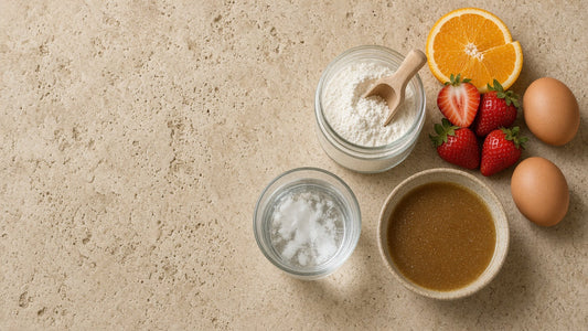 Collagen peptide powder with scoop, bone broth, strawberries, orange and eggs