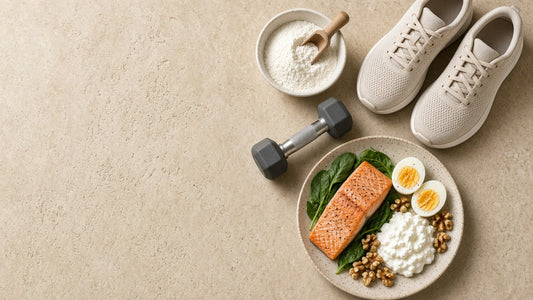 Creatine powder with dumbbell, running shoes, salmon, eggs, yogurt and walnuts