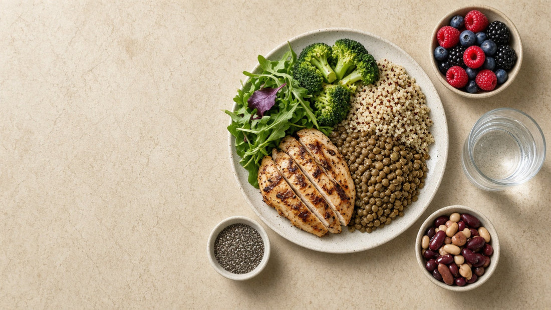 High-protein, high-fiber plate with chicken, lentils, quinoa, broccoli, berries and beans