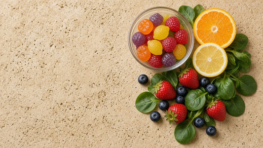Fruit gummy vitamins in a glass dish with citrus, strawberries, blueberries and spinach