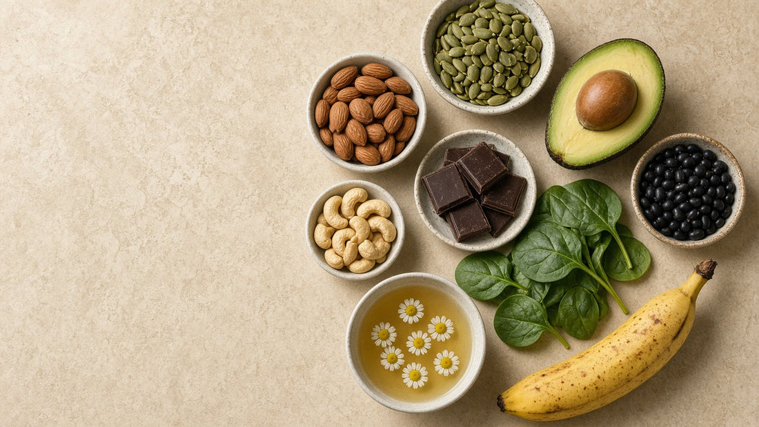 Magnesium-rich foods: pumpkin seeds, almonds, cashews, dark chocolate, spinach and beans