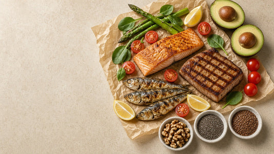 Cooked salmon, grilled tuna and sardines with vegetables, avocado and nuts rich in omega-3