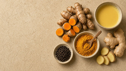 Fresh turmeric root, turmeric powder, black peppercorns, ginger and golden milk