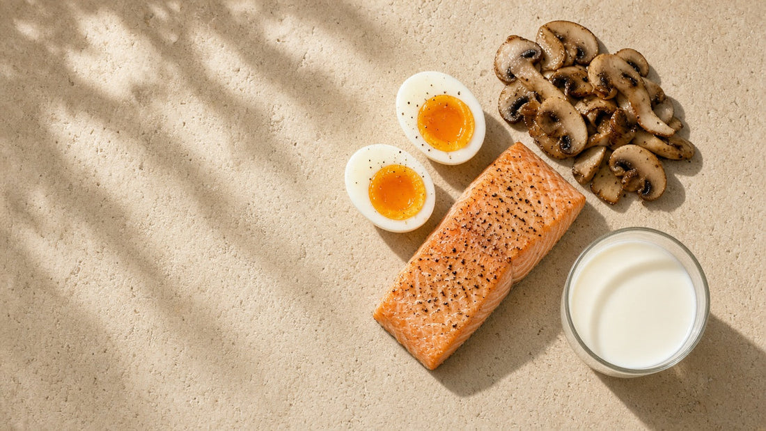 Vitamin D foods in morning sunlight: salmon, eggs, mushrooms and milk