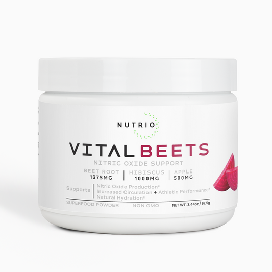 NUTRIO Vital Beets superfood powder tub, front label showing beet root, hibiscus and apple