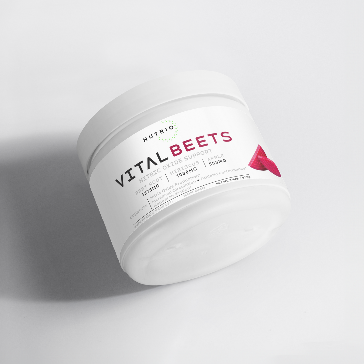 NUTRIO Vital Beets superfood powder tub lying on its side, angled view of the label