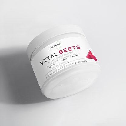 NUTRIO Vital Beets superfood powder tub lying on its side, angled view of the label