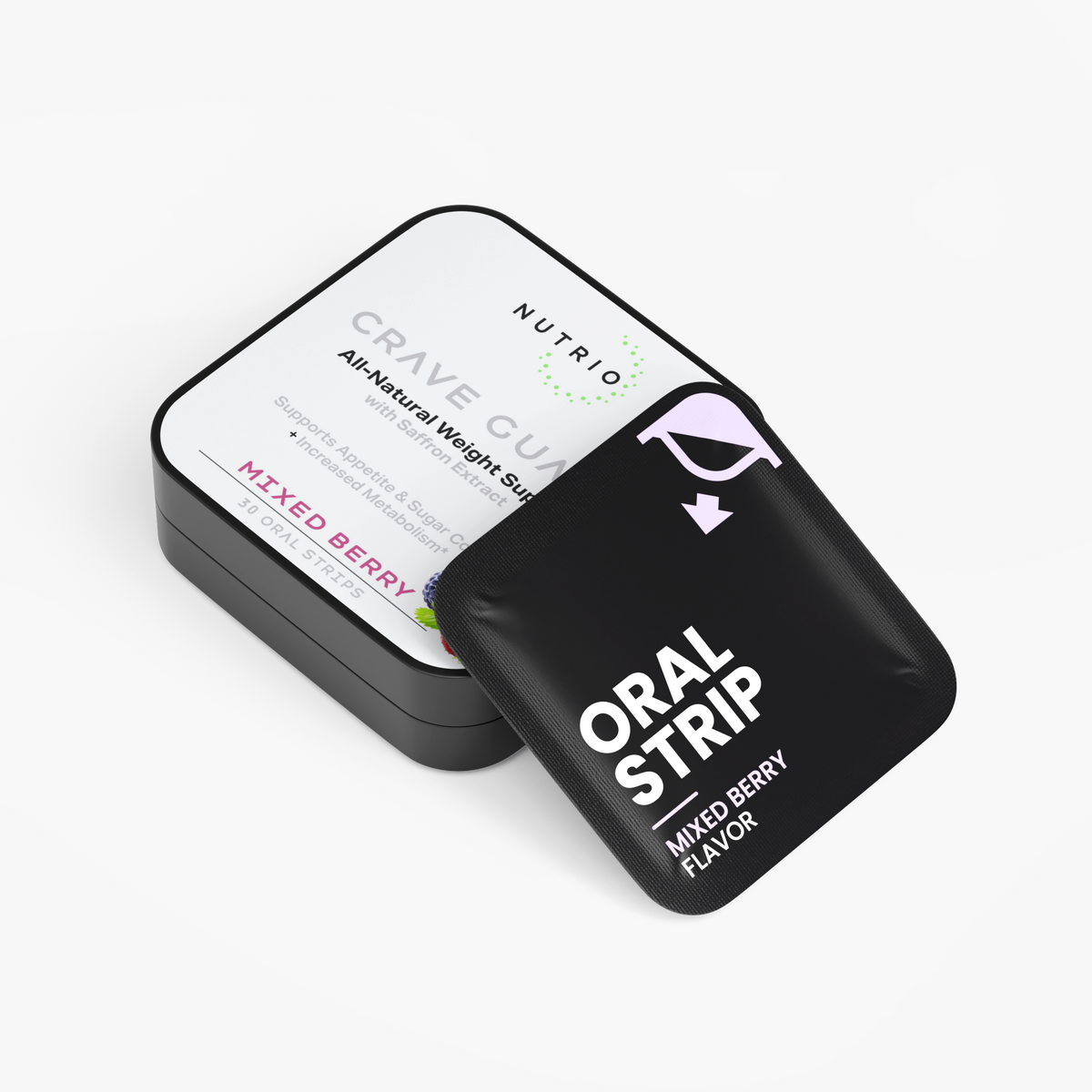 NUTRIO Crave Guard tin lying flat with a Mixed Berry flavor oral strip pouch propped against the lid