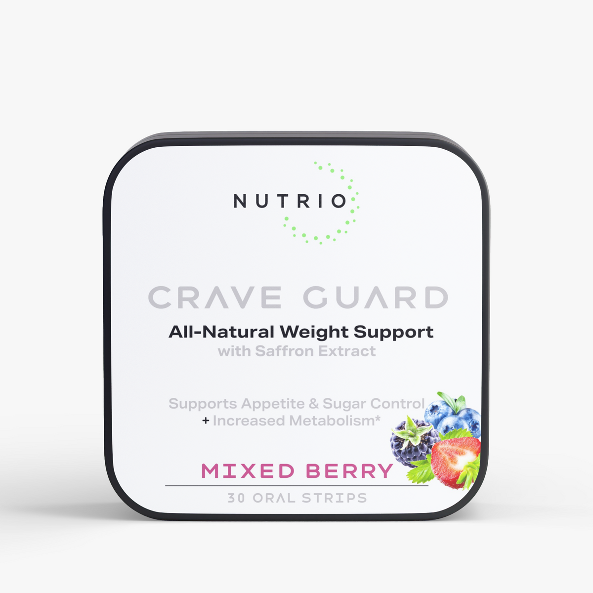 NUTRIO Crave Guard - Appetite Support Strips tin, front label in Mixed Berry flavor, 30 oral strips