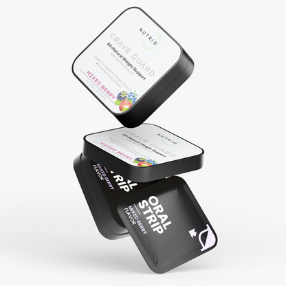NUTRIO Crave Guard tins and a Mixed Berry oral strip pouch stacked in mid-air on a light background