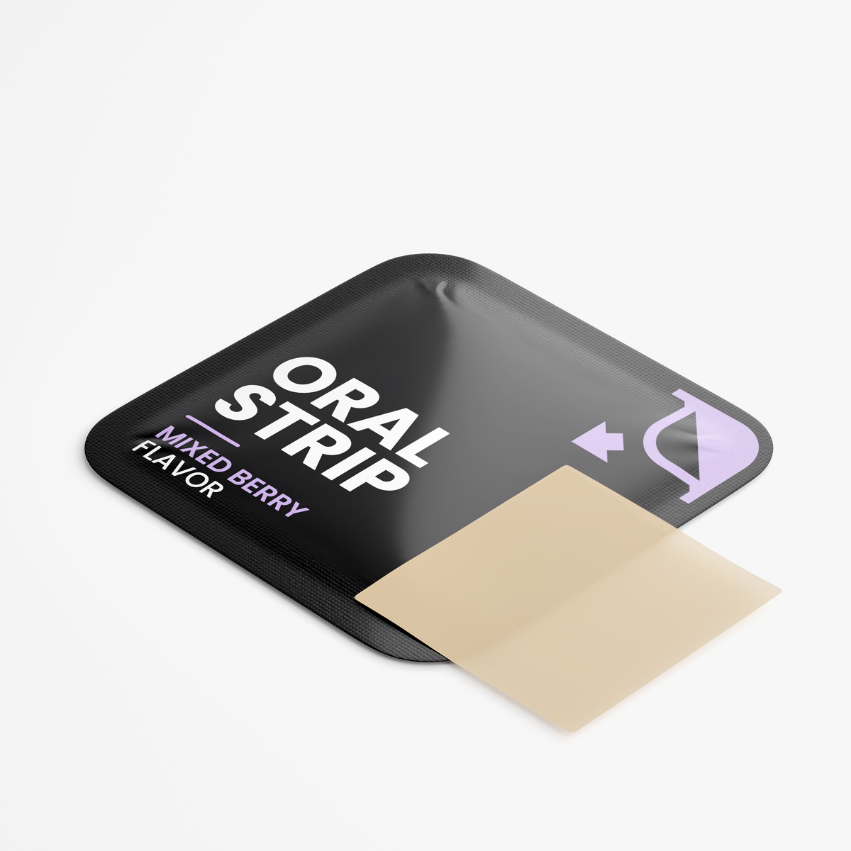 Single NUTRIO Crave Guard oral strip in Mixed Berry flavor shown with its peel-open black pouch