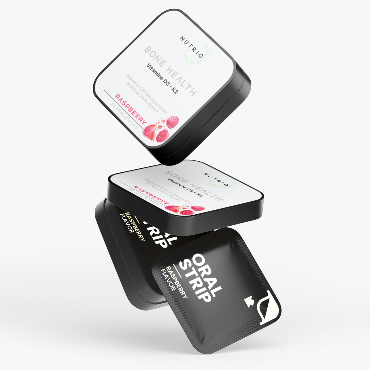 NUTRIO Bone Health tins and a Raspberry oral strip pouch stacked in mid-air on a light background