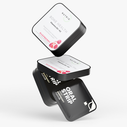 NUTRIO Bone Health tins and a Raspberry oral strip pouch stacked in mid-air on a light background