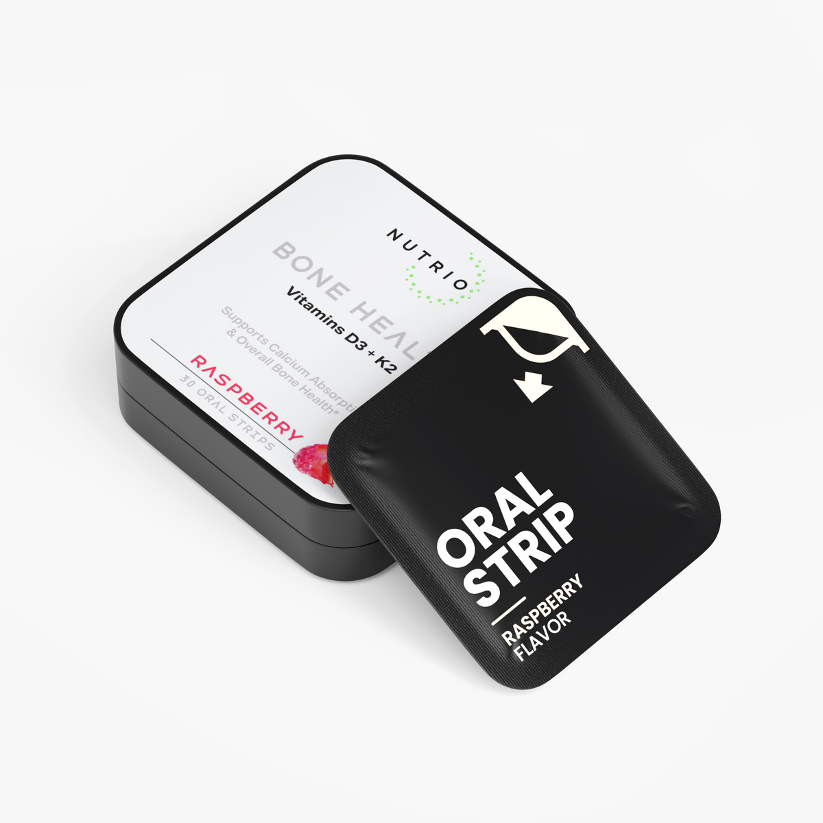 NUTRIO Bone Health tin lying flat with a Raspberry flavor oral strip pouch propped against the lid