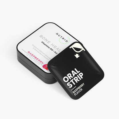 NUTRIO Bone Health tin lying flat with a Raspberry flavor oral strip pouch propped against the lid