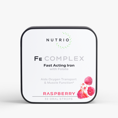 NUTRIO Fe Complex iron with folate oral strips tin, front label in Raspberry flavor, 30 strips