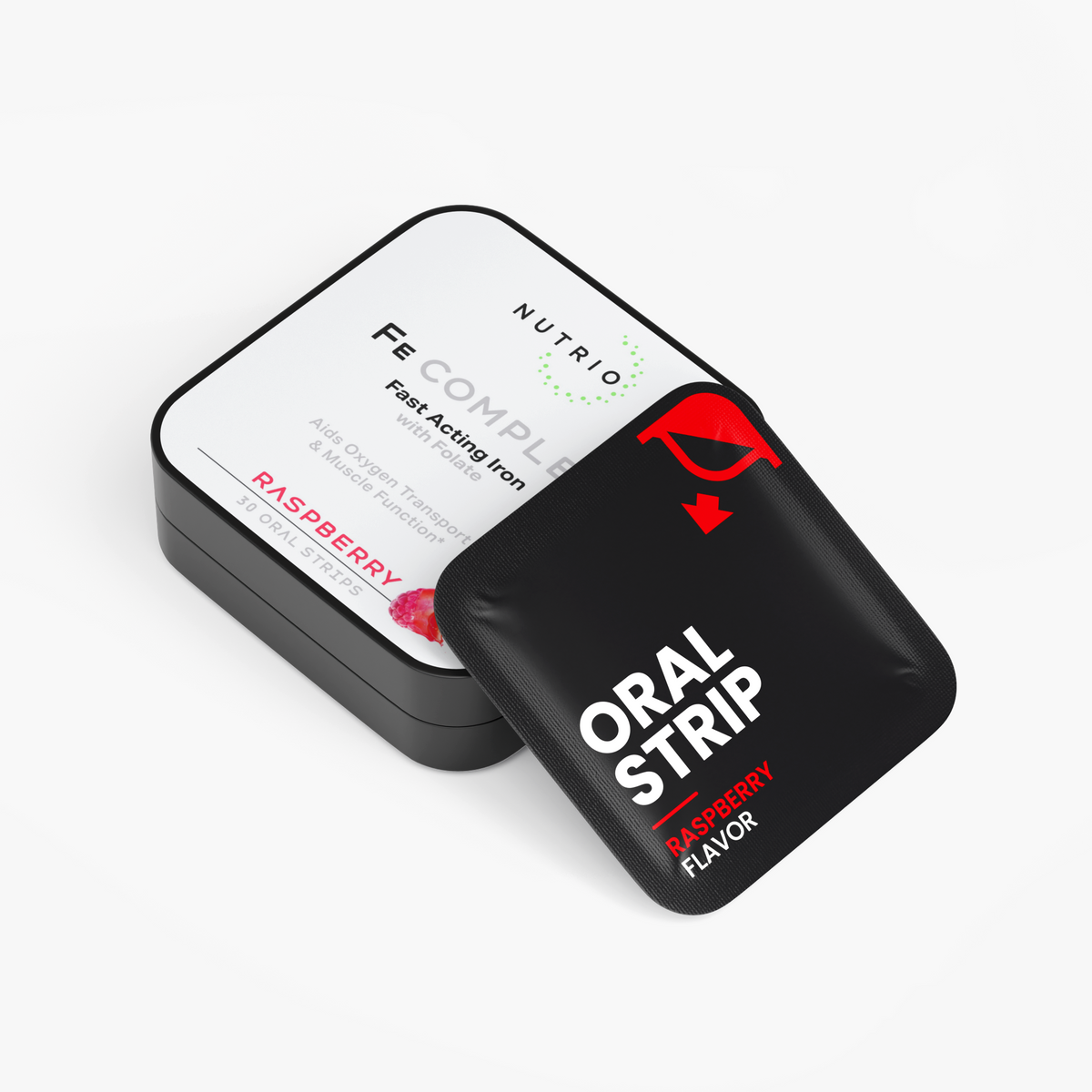 NUTRIO Fe Complex tin lying flat with a Raspberry flavor oral strip pouch propped against the lid