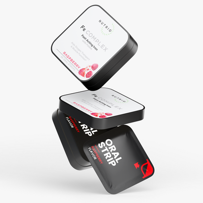NUTRIO Fe Complex tins and a Raspberry oral strip pouch stacked in mid-air on a light background