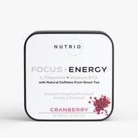 NUTRIO Focus + Energy L-Theanine + Vitamin B12 oral strips tin, front label in Cranberry flavor, 30 strips