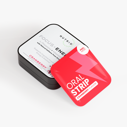 NUTRIO Focus + Energy tin lying flat with a Cranberry flavor oral strip pouch propped against the lid